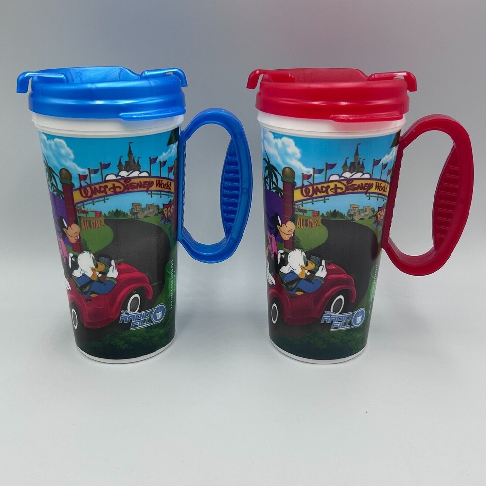 x2 Disney World Resort Parks Rapid Fill Refillable Cups Travel Lids Blue & Red